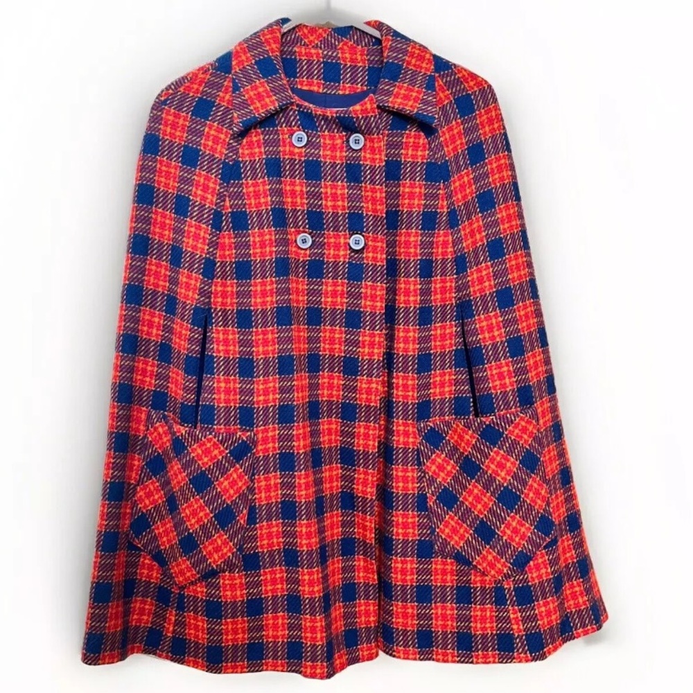 Gorgeous Vintage Wool Poncho Cape Red Blue Tartan Plaid 60s 70s XS-M